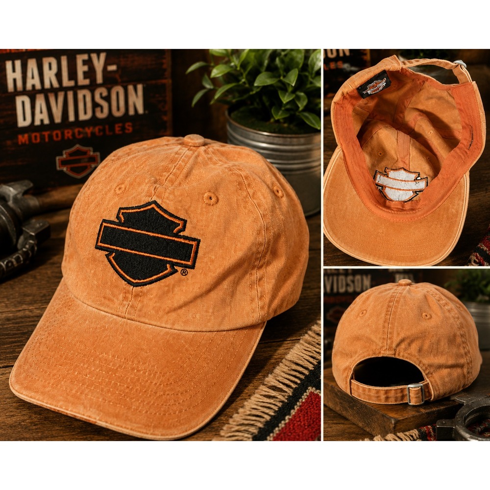 Harley Davidson‎ Baseball Cap Orange Distressed Adjustable Strapback Logo Hat